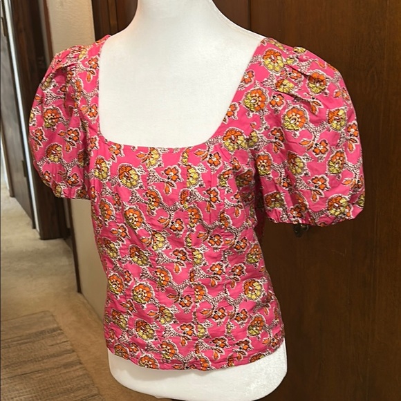 J.CREW COLLECTION PUFF SLEEVE SQUARE NECK TOP IN RATTI PINK BLOOMS PRINT SZ 4 - Picture 1 of 16